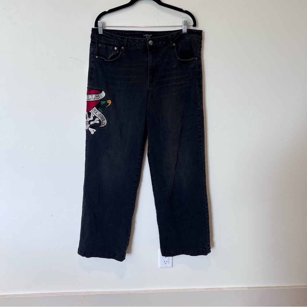 Ed Hardy Women’s Black Wide-Leg Jeans with Embroidery Skull Plus Size 32 Love